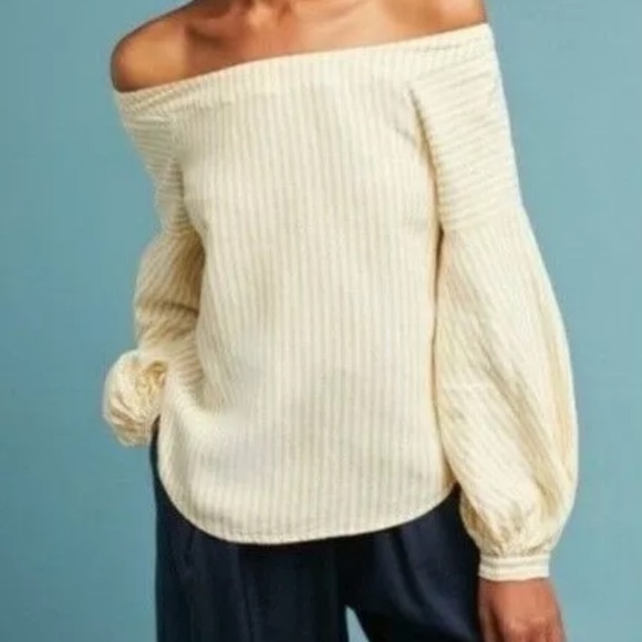 Anthropologie Maeve Off the Shoulder Yellow Stripe Cotille Top - Picture 1 of 9